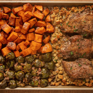 top-down view of Sheet Pan WIth Brussel sprouts, sweet potatoes Stuffing and turkey