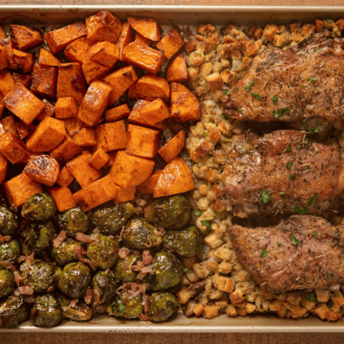 top-down view of Sheet Pan WIth Brussel sprouts, sweet potatoes Stuffing and turkey