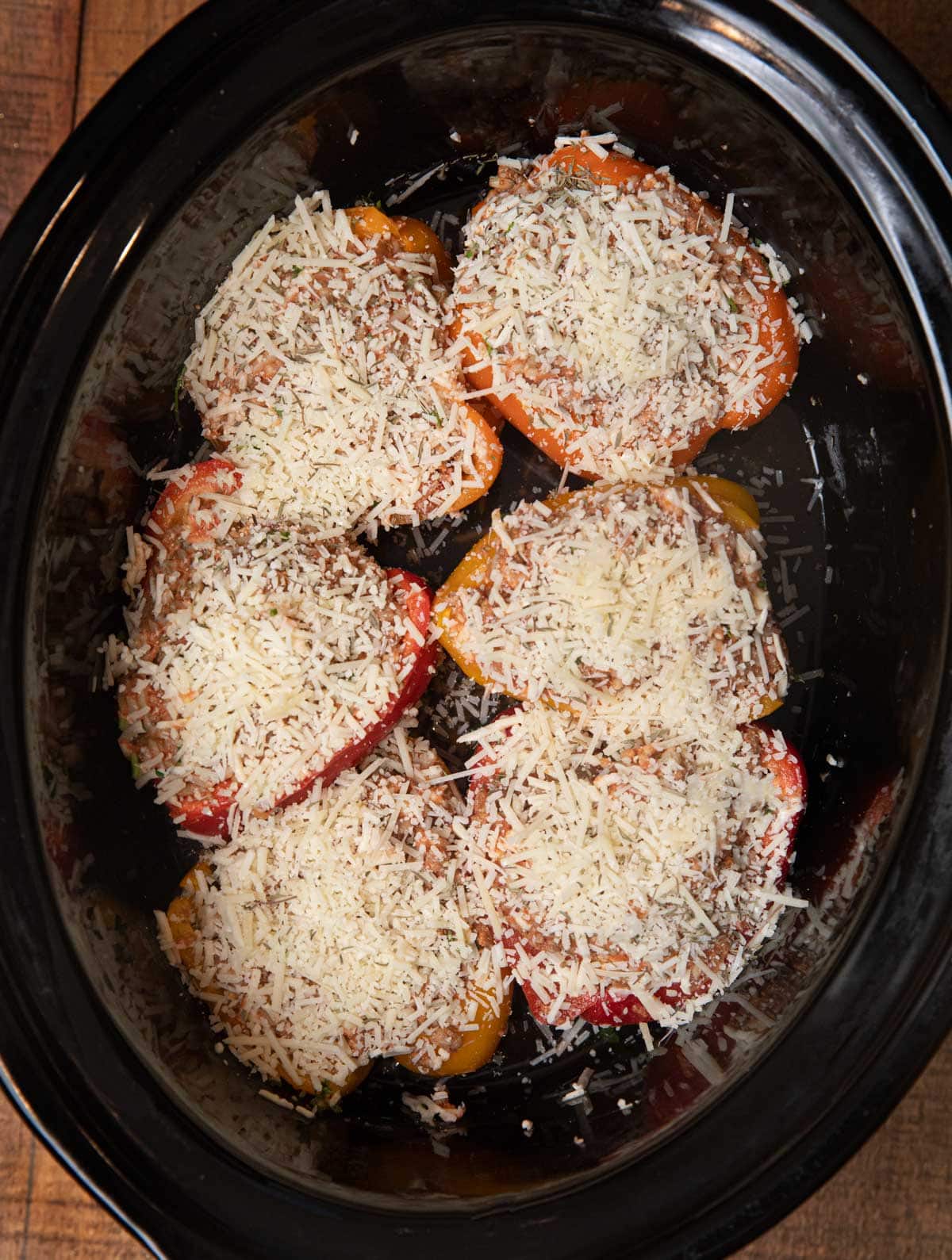 Slow Cooker Stuffed Bell Peppers in crockpot before cooking