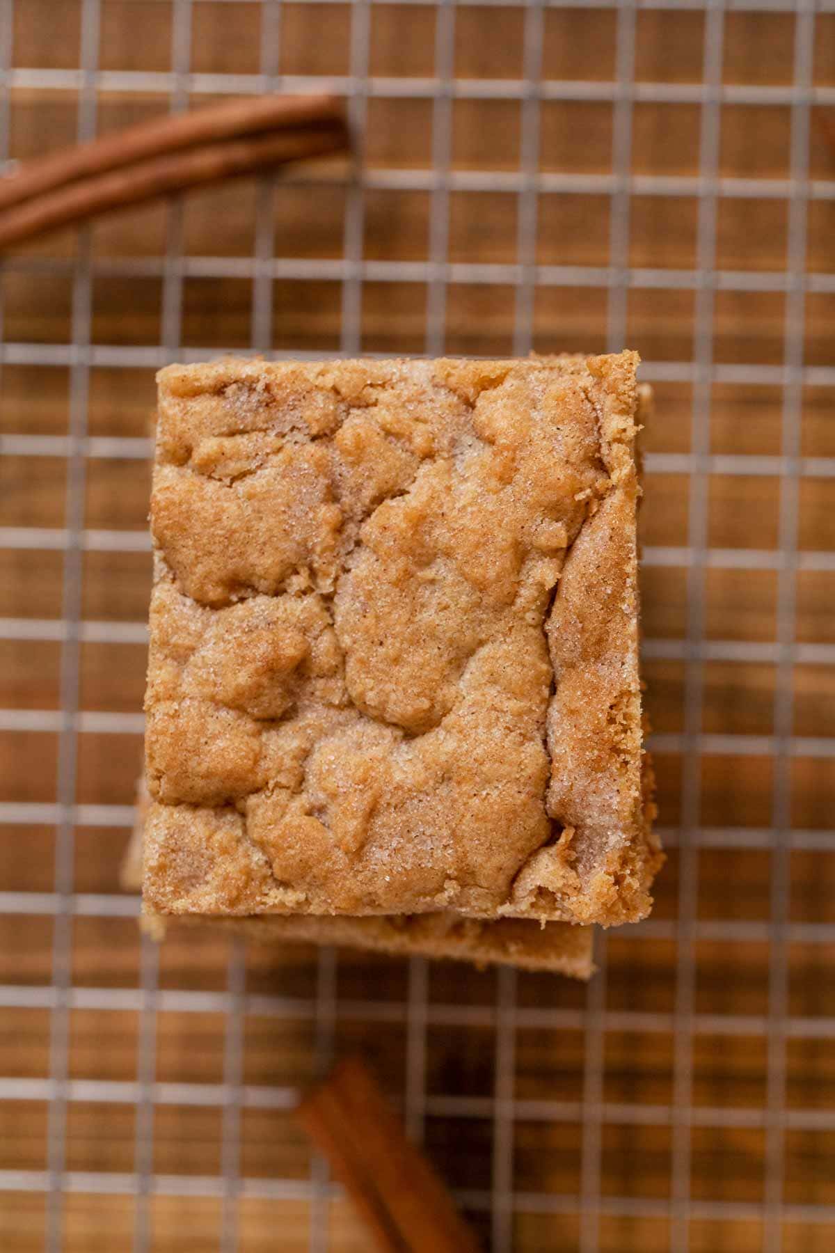 top-down view of Snickerdoodle Bars in stack