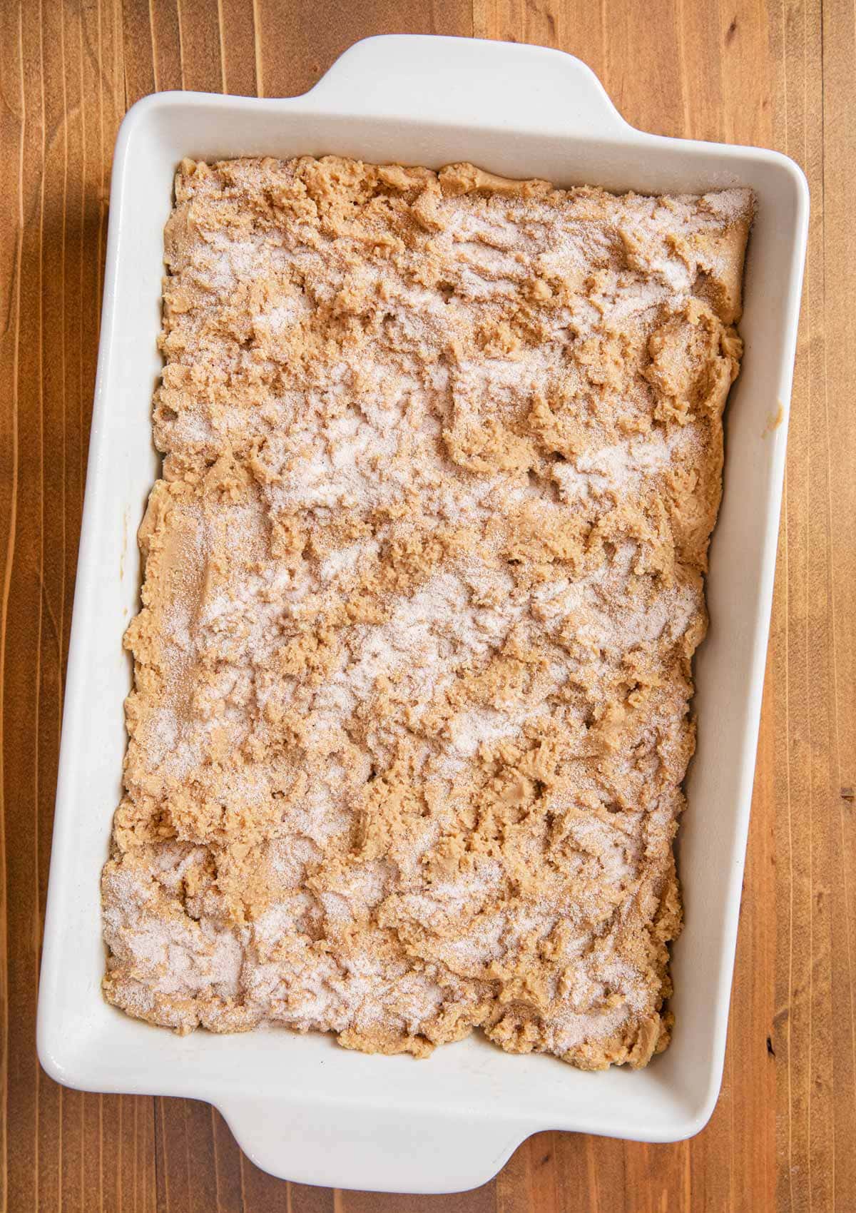 Snickerdoodle Bars in baking dish before baking