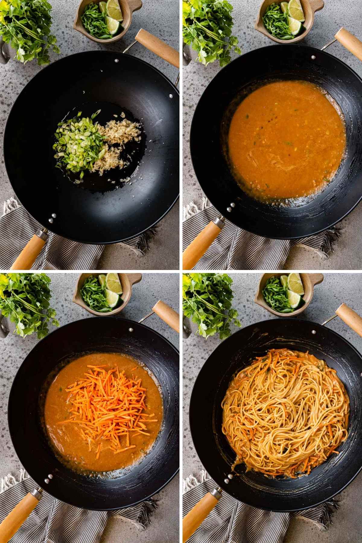 Collage of cooking steps for Spicy Peanut Noodles