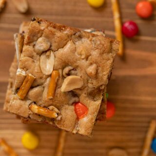 top-down view of Trail Mix Blondies bars in stack
