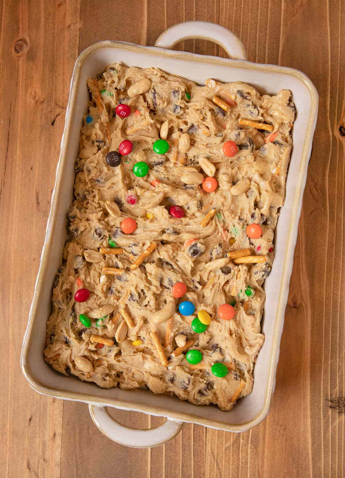 Trail Mix Blondies in baking dish before baking