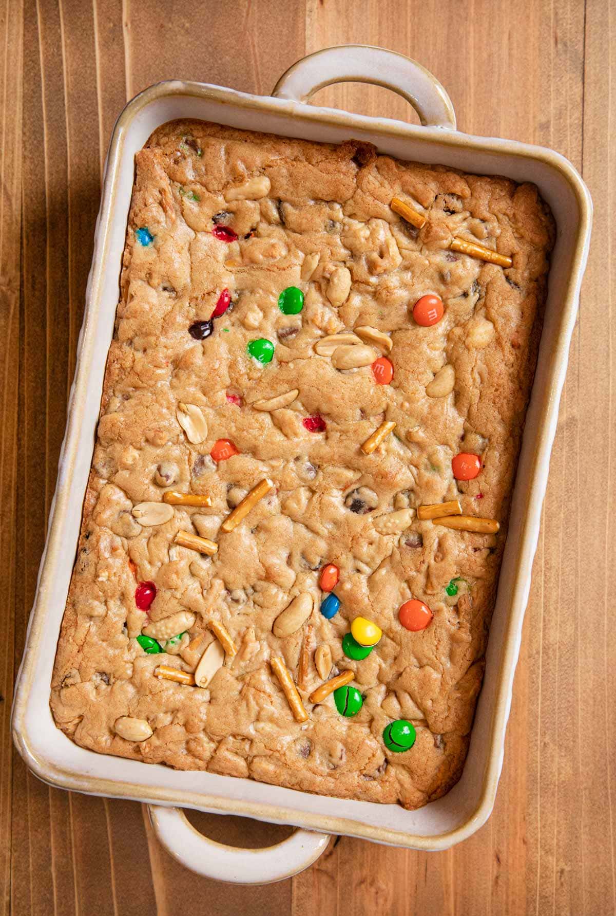 Trail Mix Blondies in baking dish