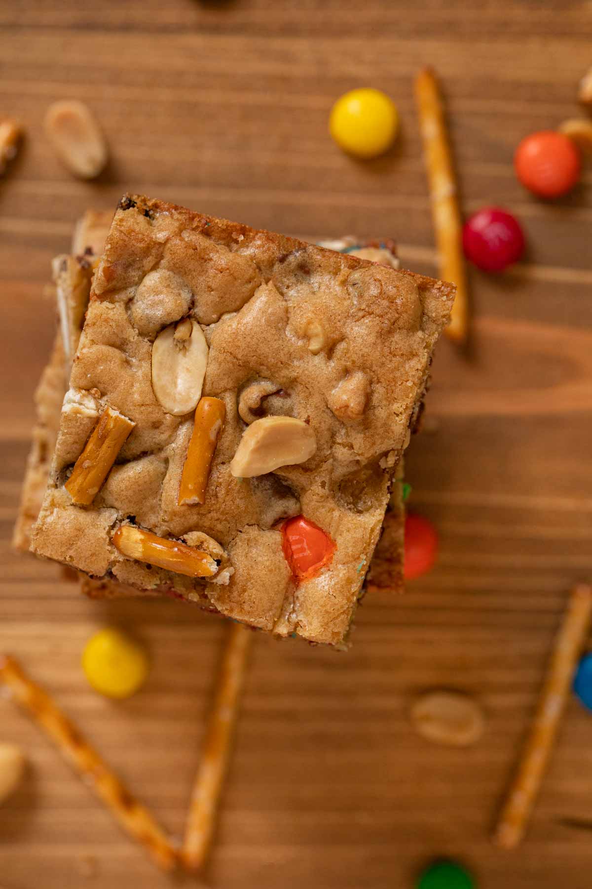 top-down view of Trail Mix Blondies bars in stack