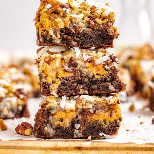 Seven Layer Brownies in a stack