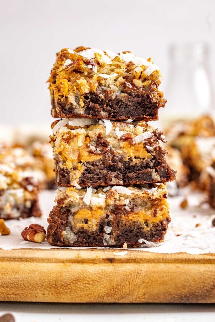 Seven Layer Brownies in a stack