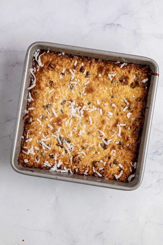 Seven Layer Brownies cooked in the pan