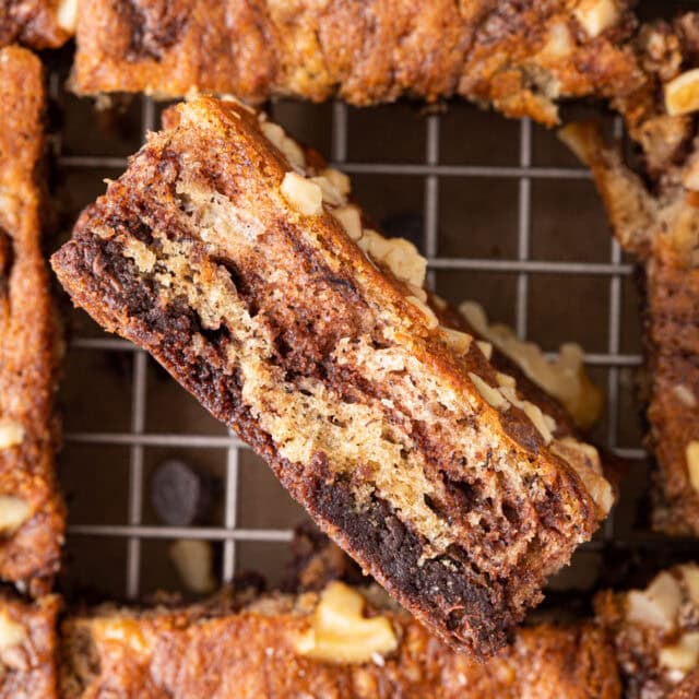 top view of sliced Banana Nut Brownies on wire rack
