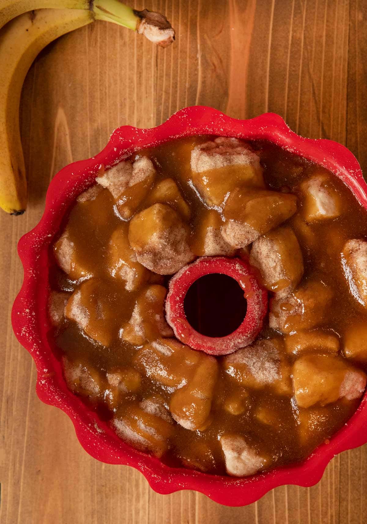 Banana Monkey Bread in silicon bundt pan before baking