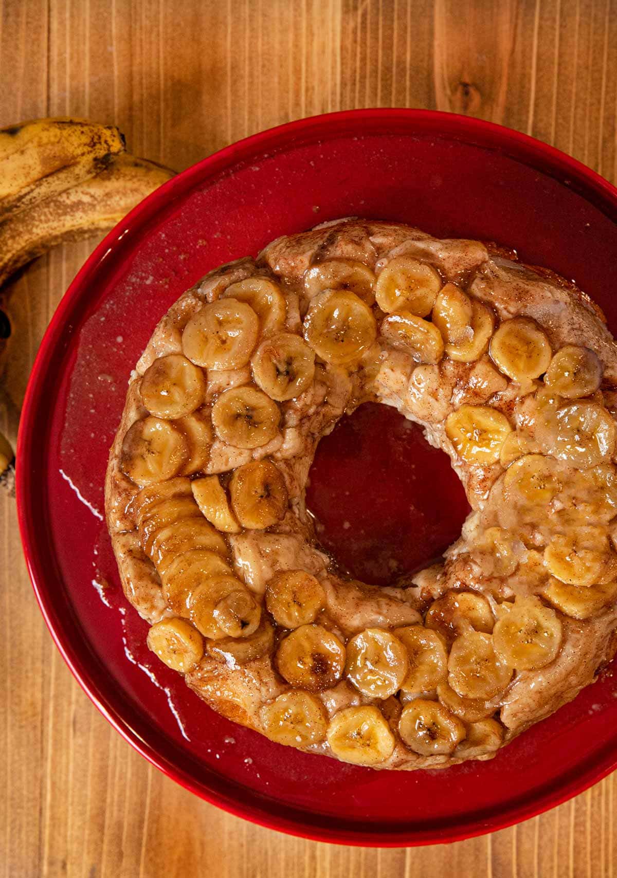 top-down view of Banana Monkey Bread on cake stand