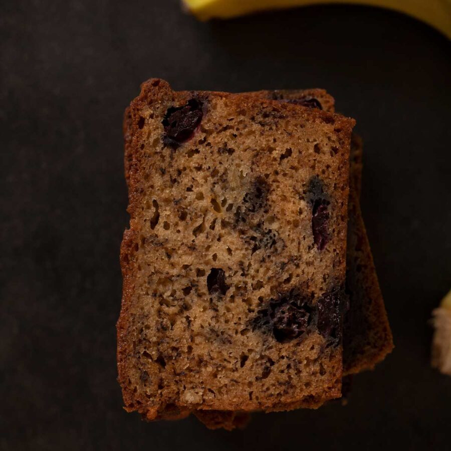 top-down view of Blueberry Banana Bread slices in stack