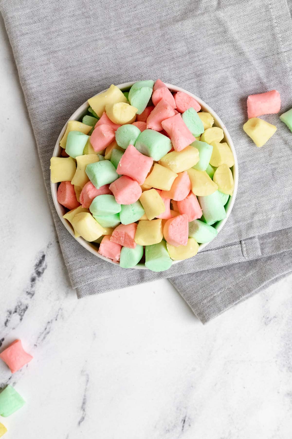 Butter Mints pink yellow and green mints in candy dish