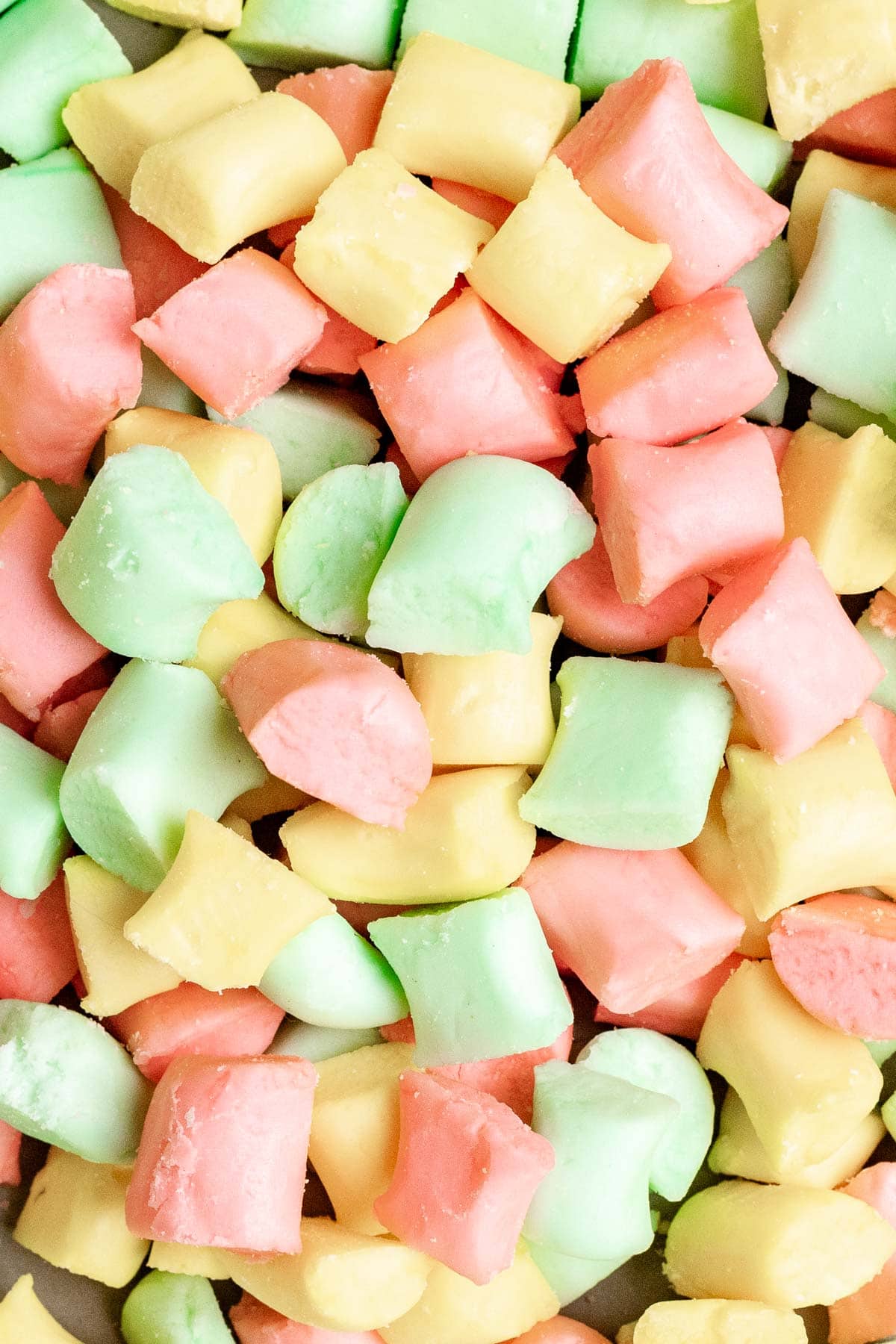 Butter Mints pink yellow and green mints close up