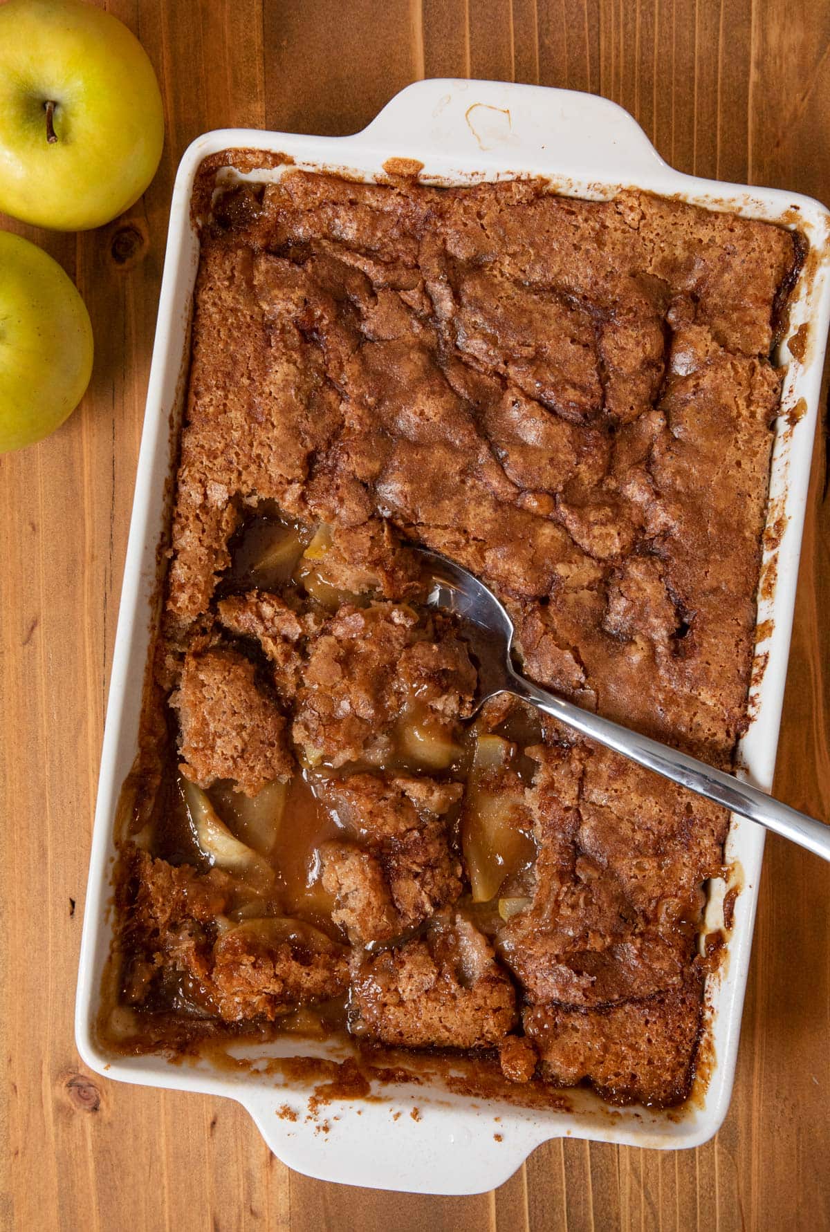 Caramel Apple Cobbler photograph from top down with green apples