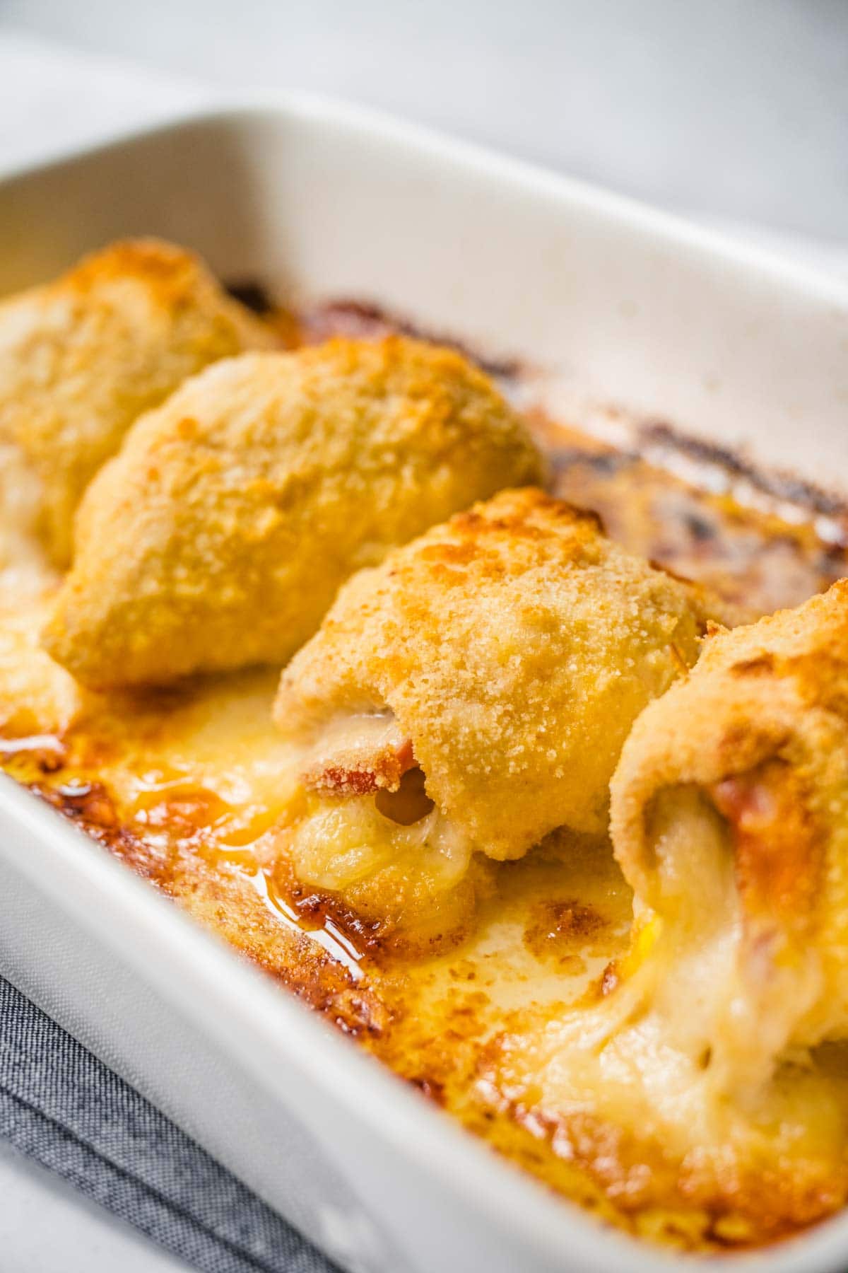 Chicken Cordon Bleu in baking dish after baking