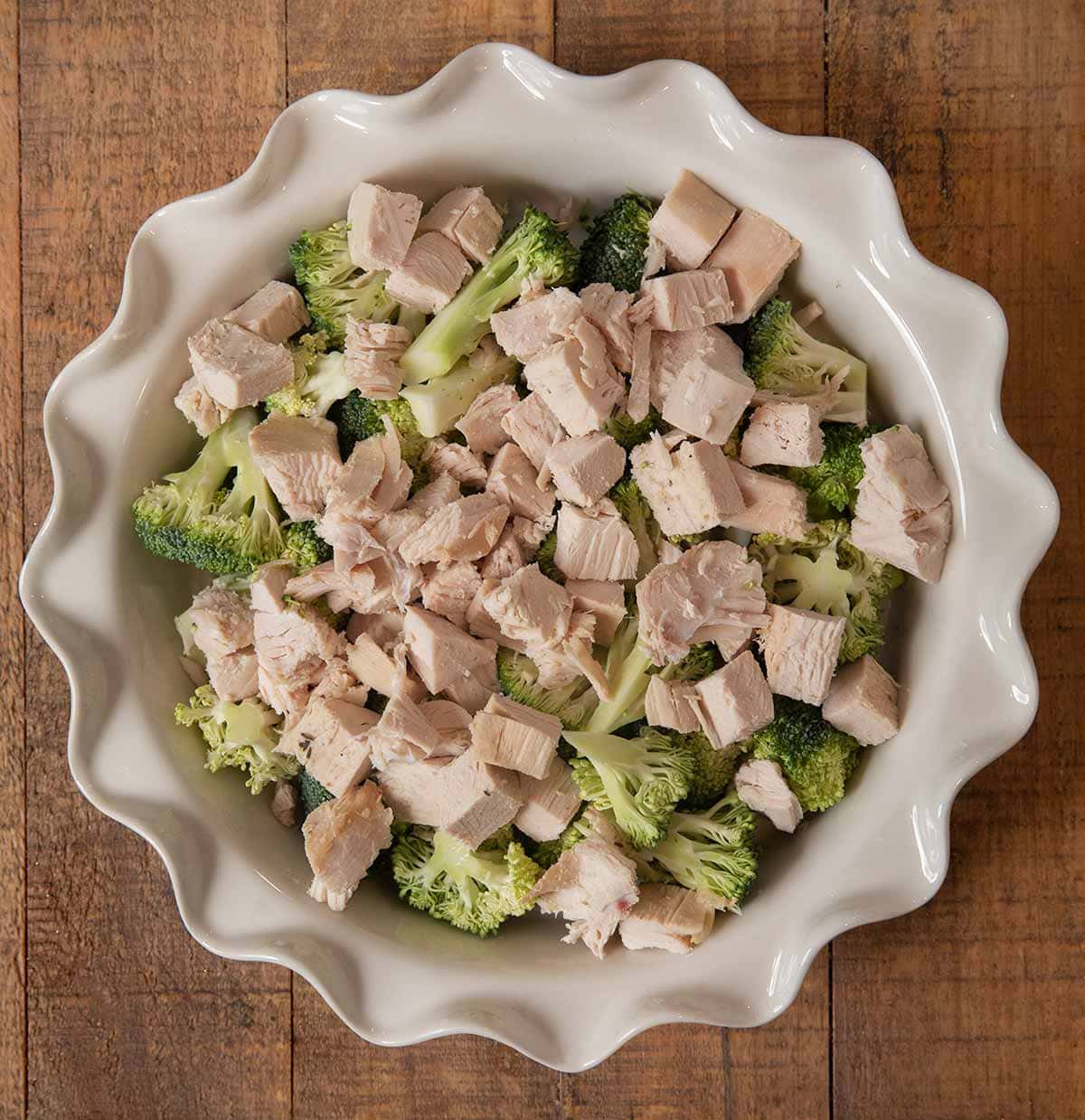 Chicken Divan chicken and broccoli in pie plate