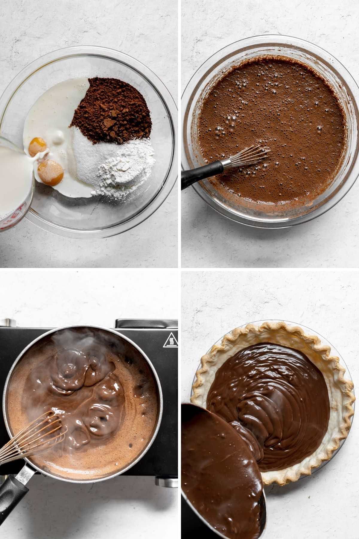 Collage of prep steps for Chocolate Cream Pie