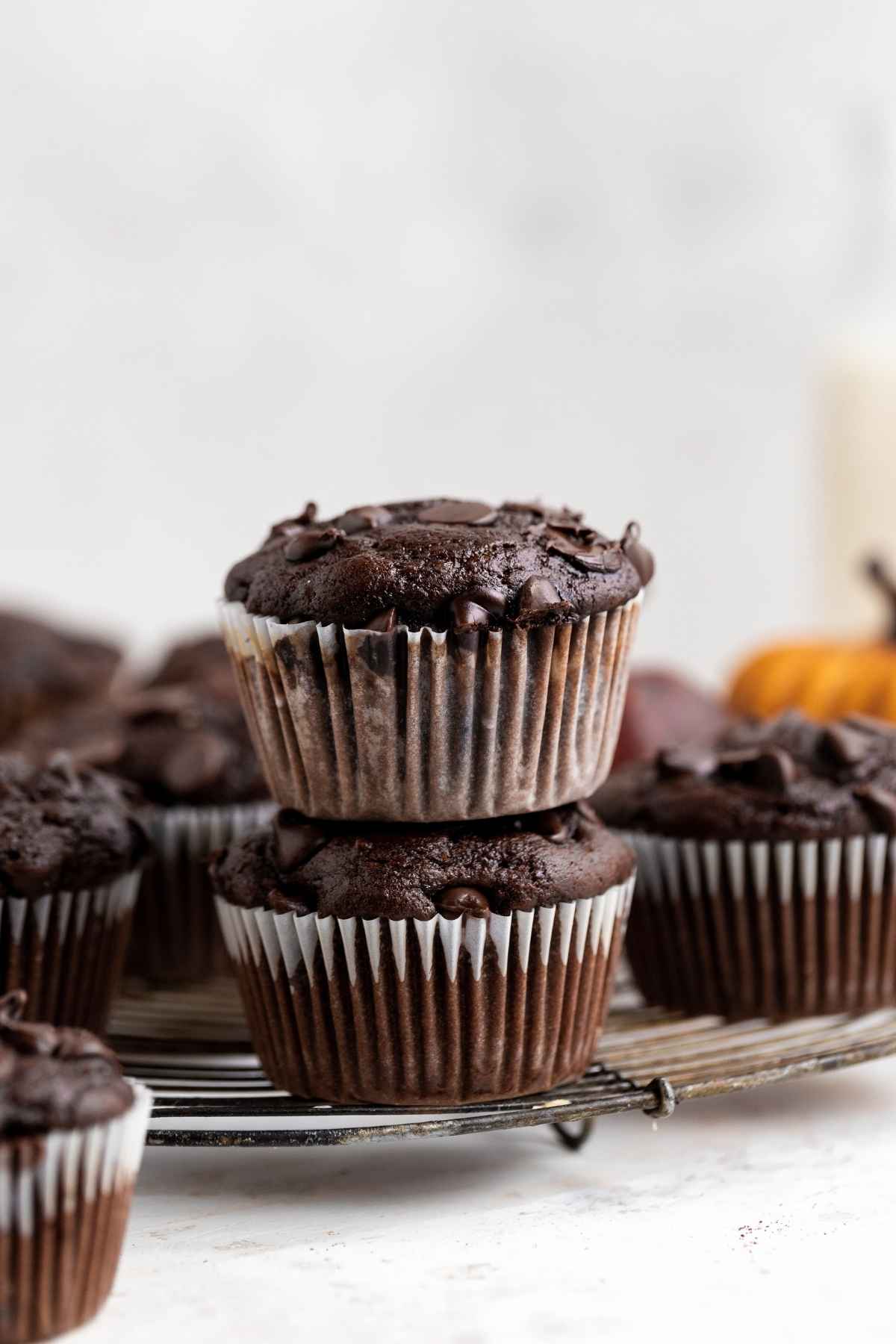 Chocolate Pumpkin Muffins on wire rack