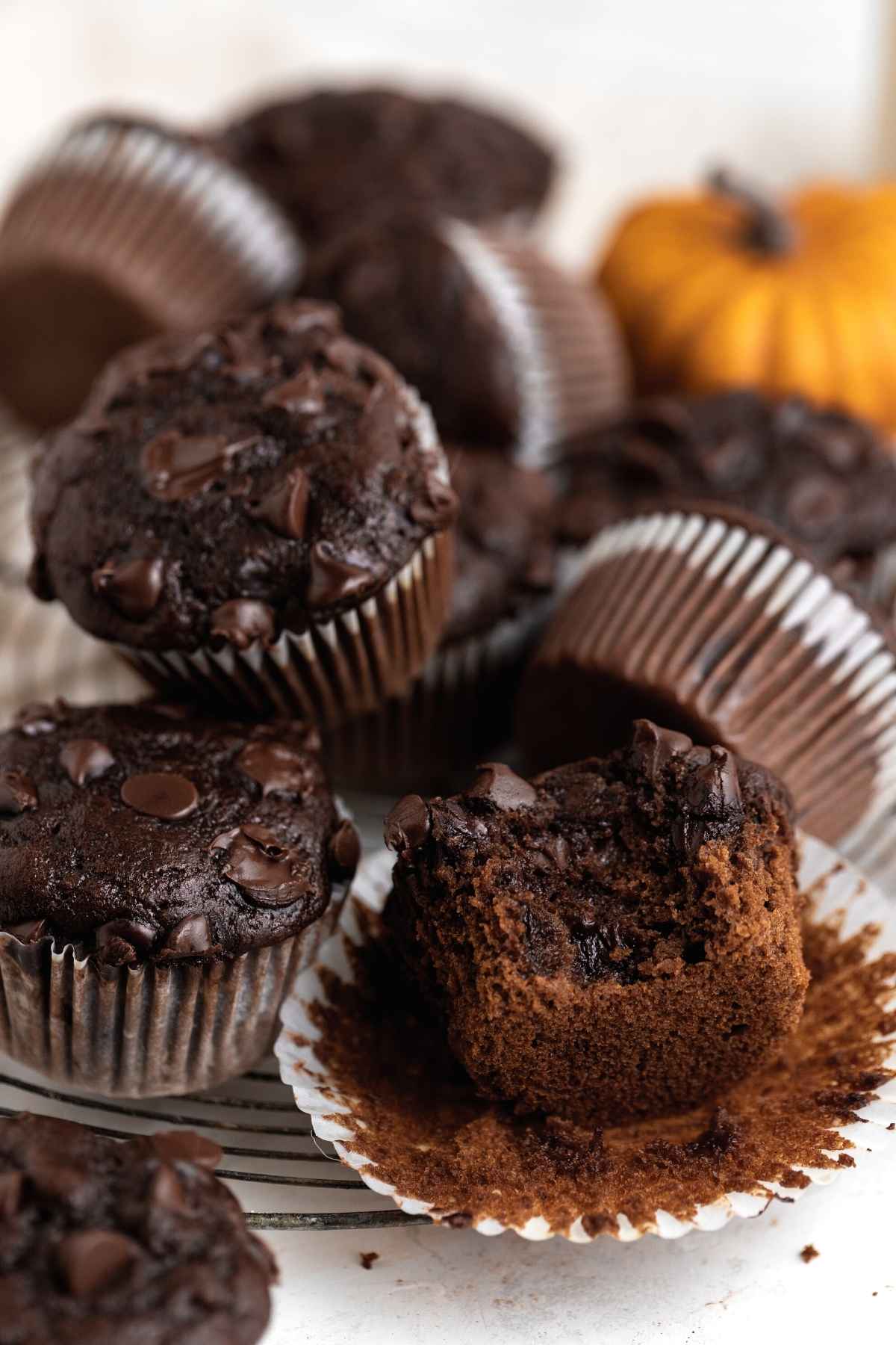 Chocolate Pumpkin Muffins on wire rack