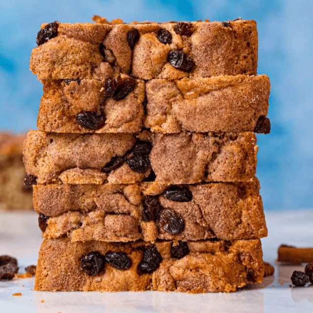 Stack of cinnamon raisin bread slices