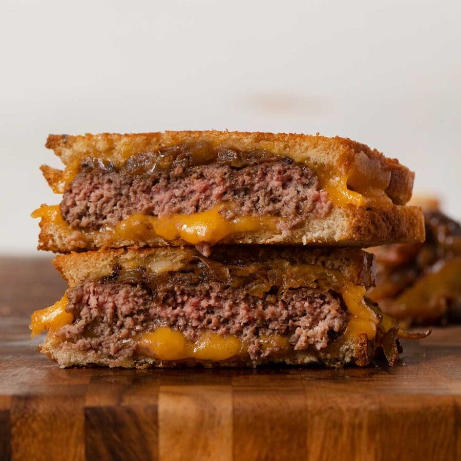 Classic Patty Melt sandwich halves in stack