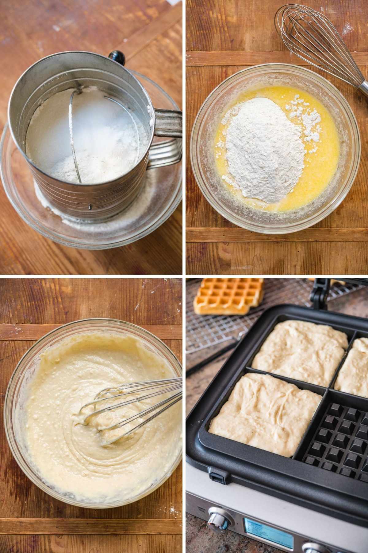 Prep Steps for Classic Waffles, ingredients in bowl, batter being stirred, batter in waffle iron.