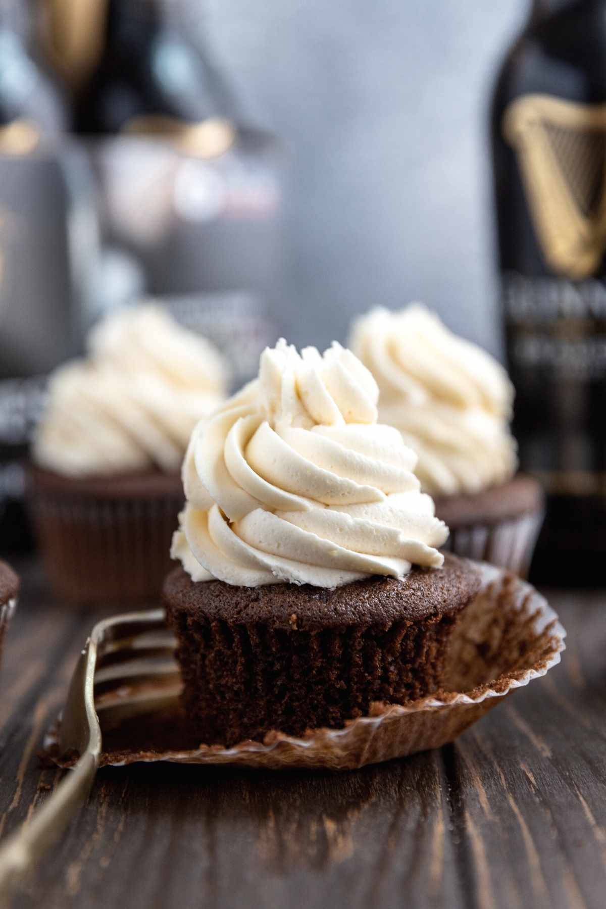 Irish Cream Guinness Cupcakes on cutting board