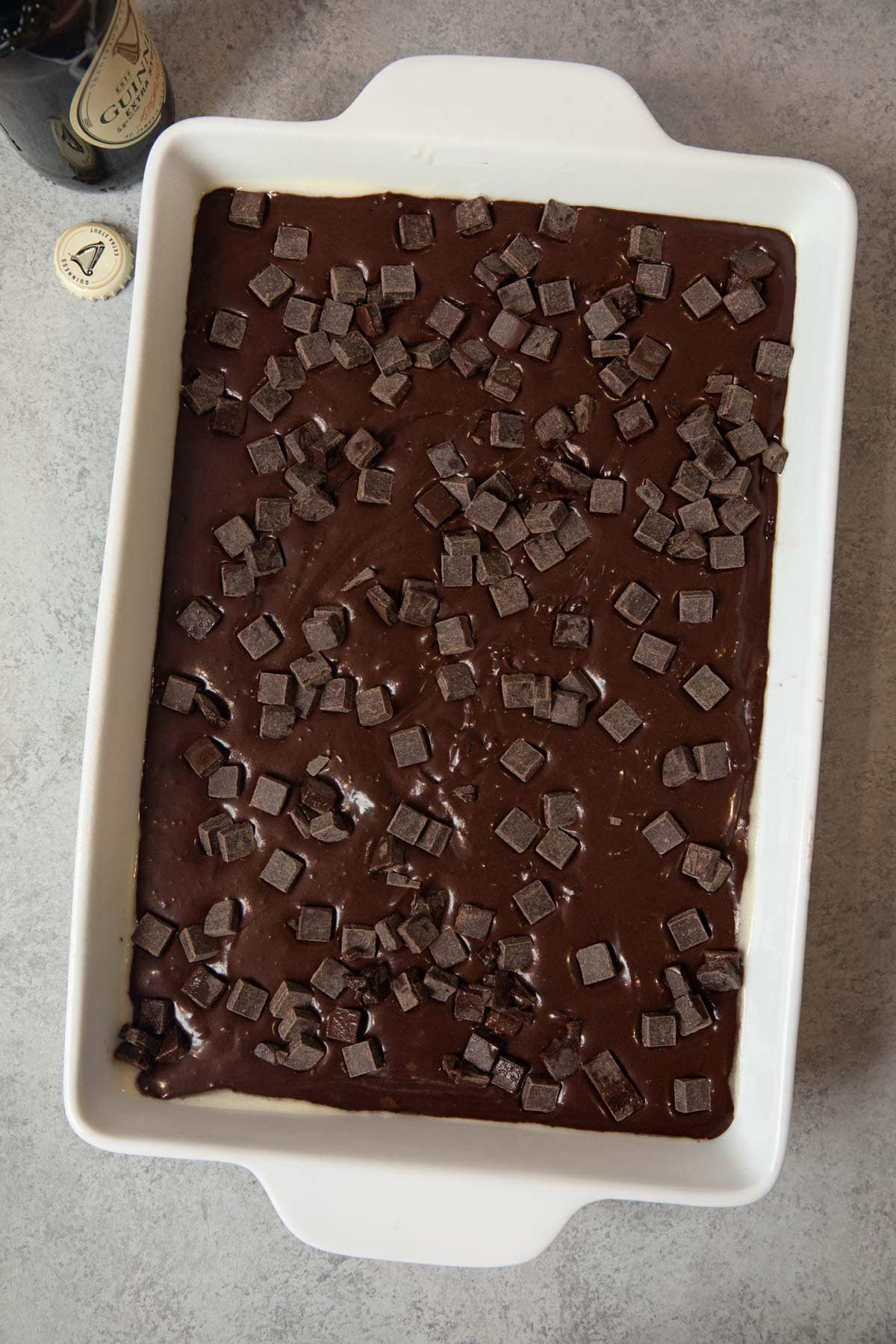 Guinness Brownies in baking dish before baking