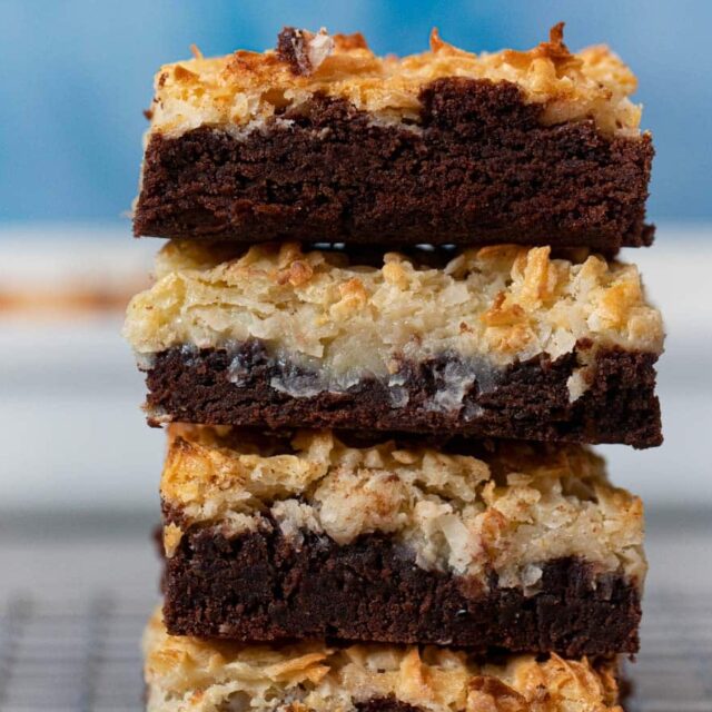 Brownies on metal cooling rack in a stack