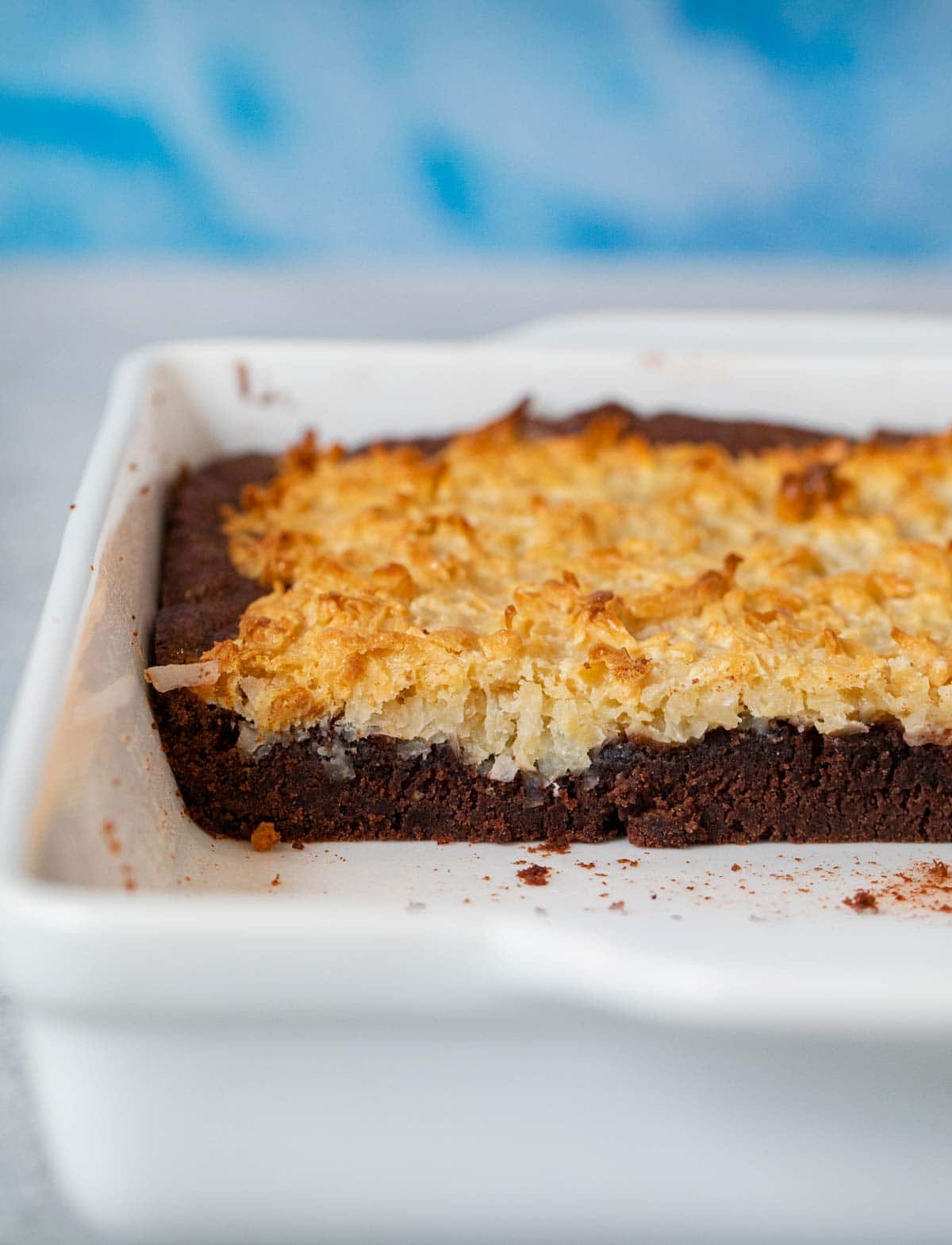 side photo of Coconut Macaroon Brownies in a baking dish