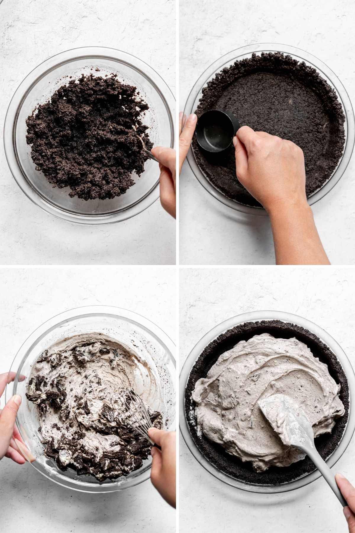 Oreo Ice Cream Pie collage of prep steps