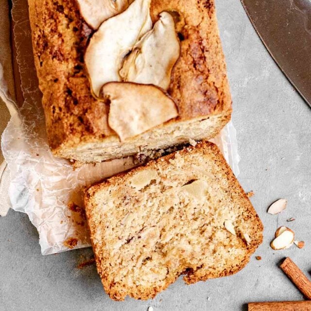 Pear Bread baked and sliced on cutting board