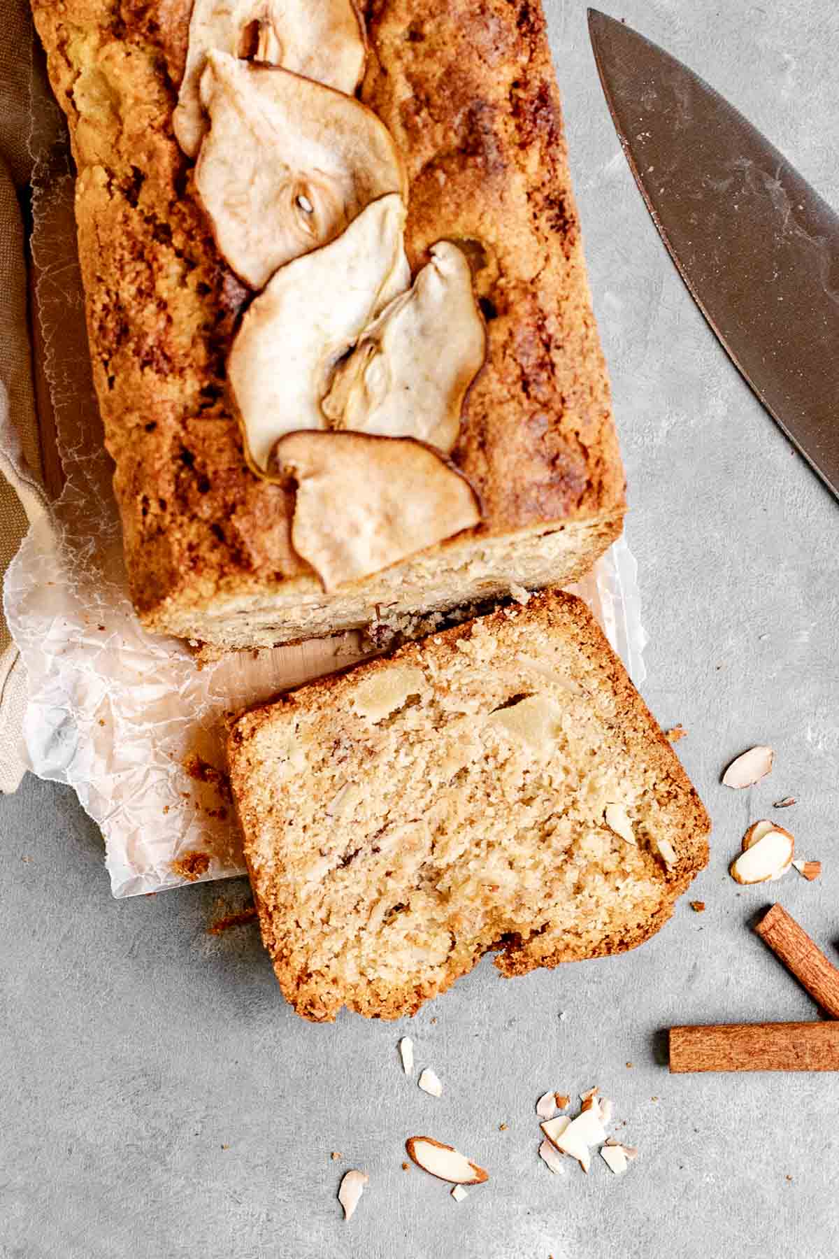 Pear Bread baked and sliced on cutting board