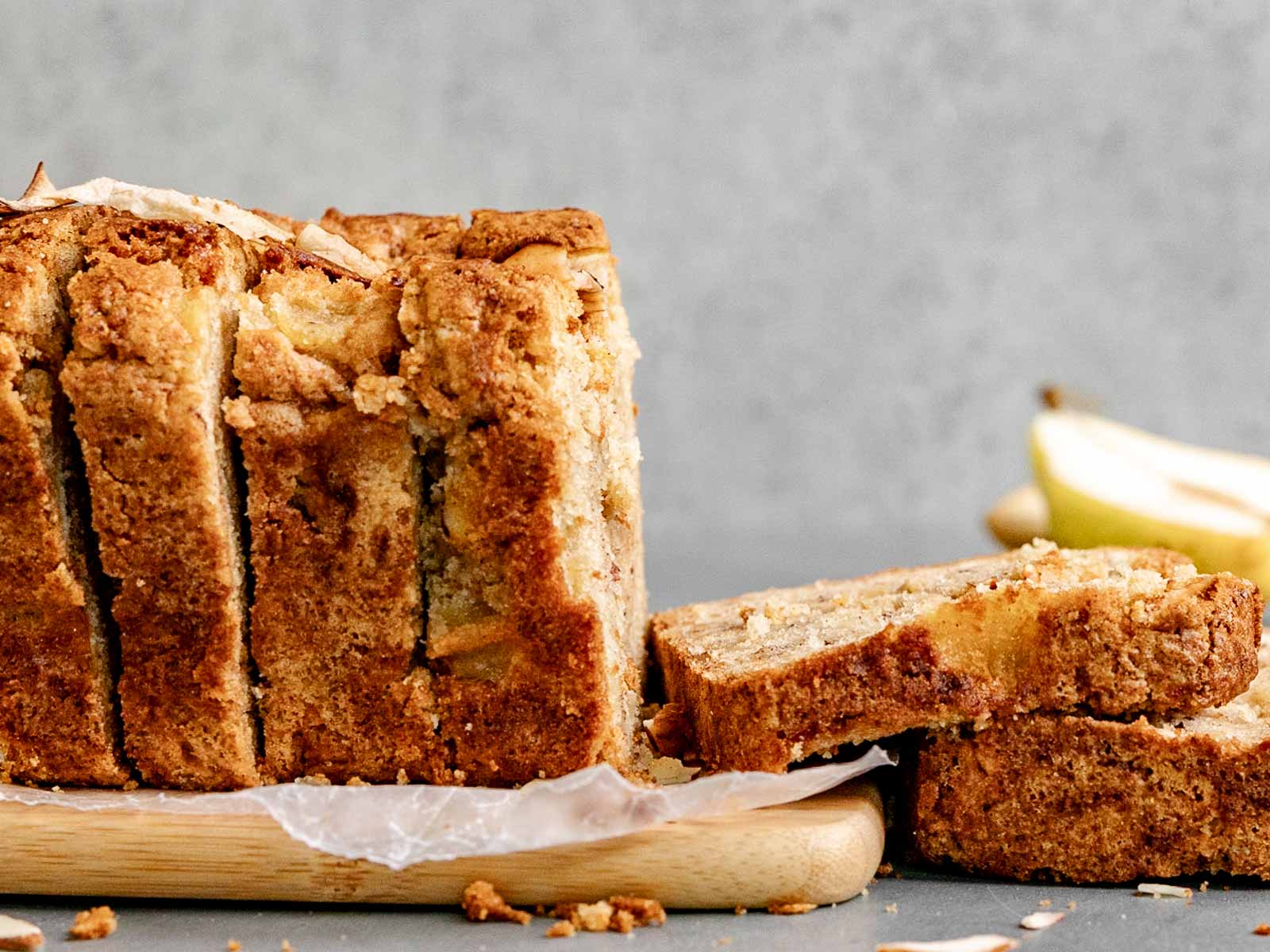 Pear Bread sliced from side on cutting board