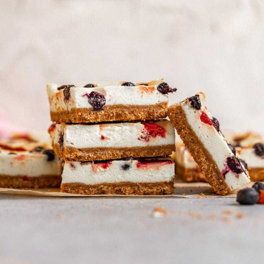 Red White and Blue Cheesecake Bars sliced and stacked