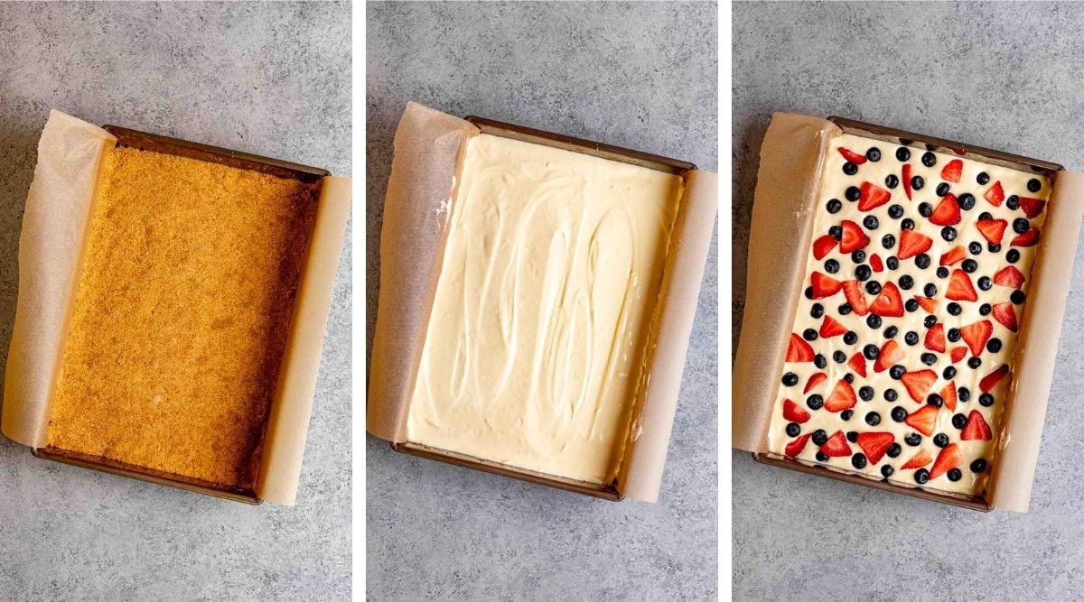 Collage of assembly steps for Red White and Blue Cheesecake Bars