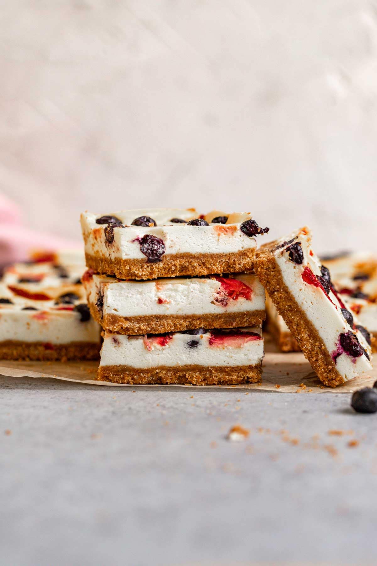 Red White and Blue Cheesecake Bars in stack