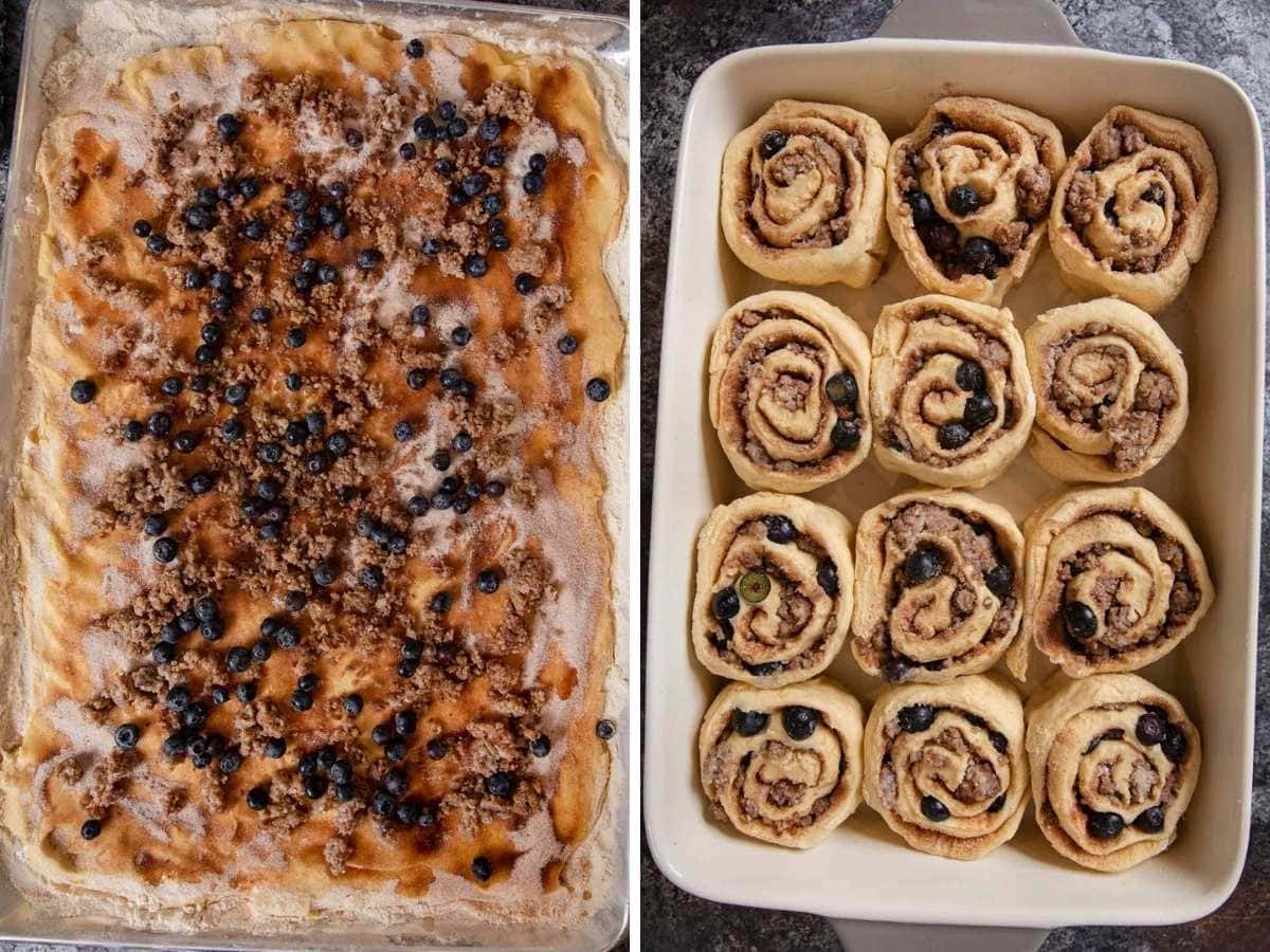 Sausage Blueberry Cinnamon Rolls collage before and after rolling and slicing