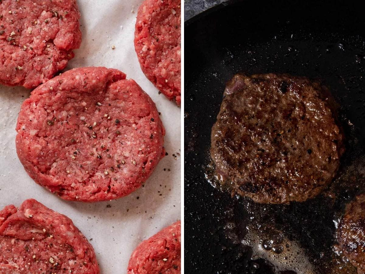 Stovetop Burger patties before and after cooking