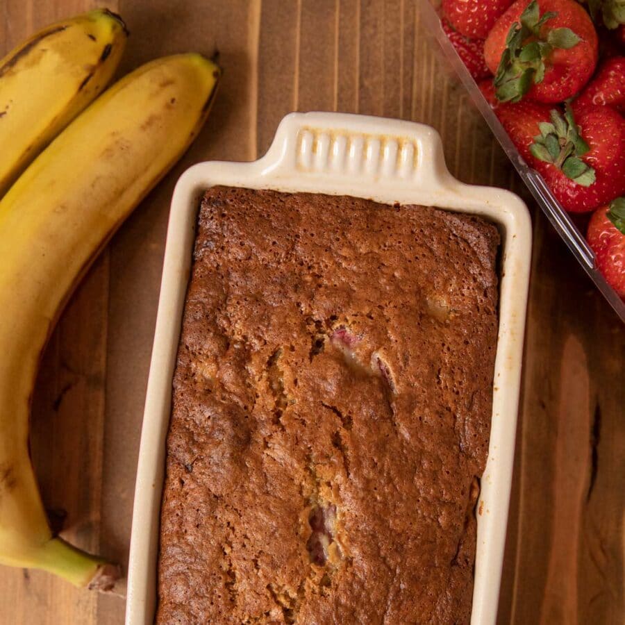 Strawberry Banana Bread in baking pan