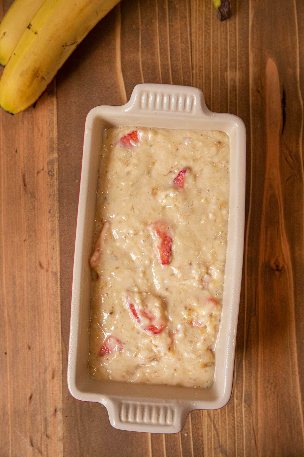 Strawberry Banana Bread in baking pan before baking