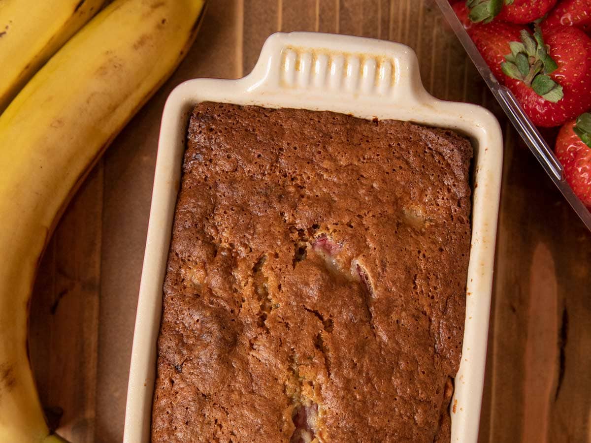 close-up of Strawberry Banana Bread in baking pan