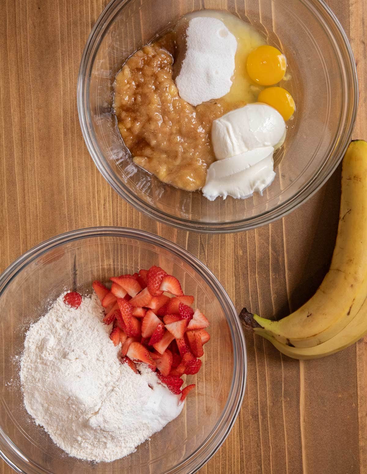 Strawberry Banana Bread ingredients in glass bowls