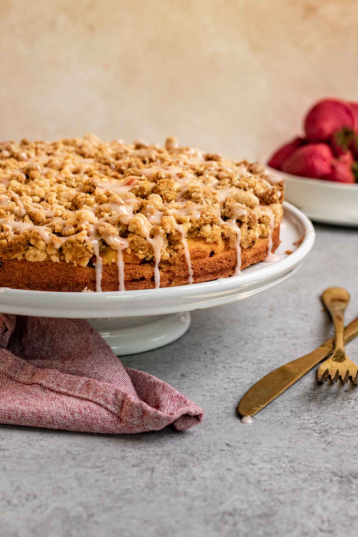 Strawberry Coffee Cake on cake stand