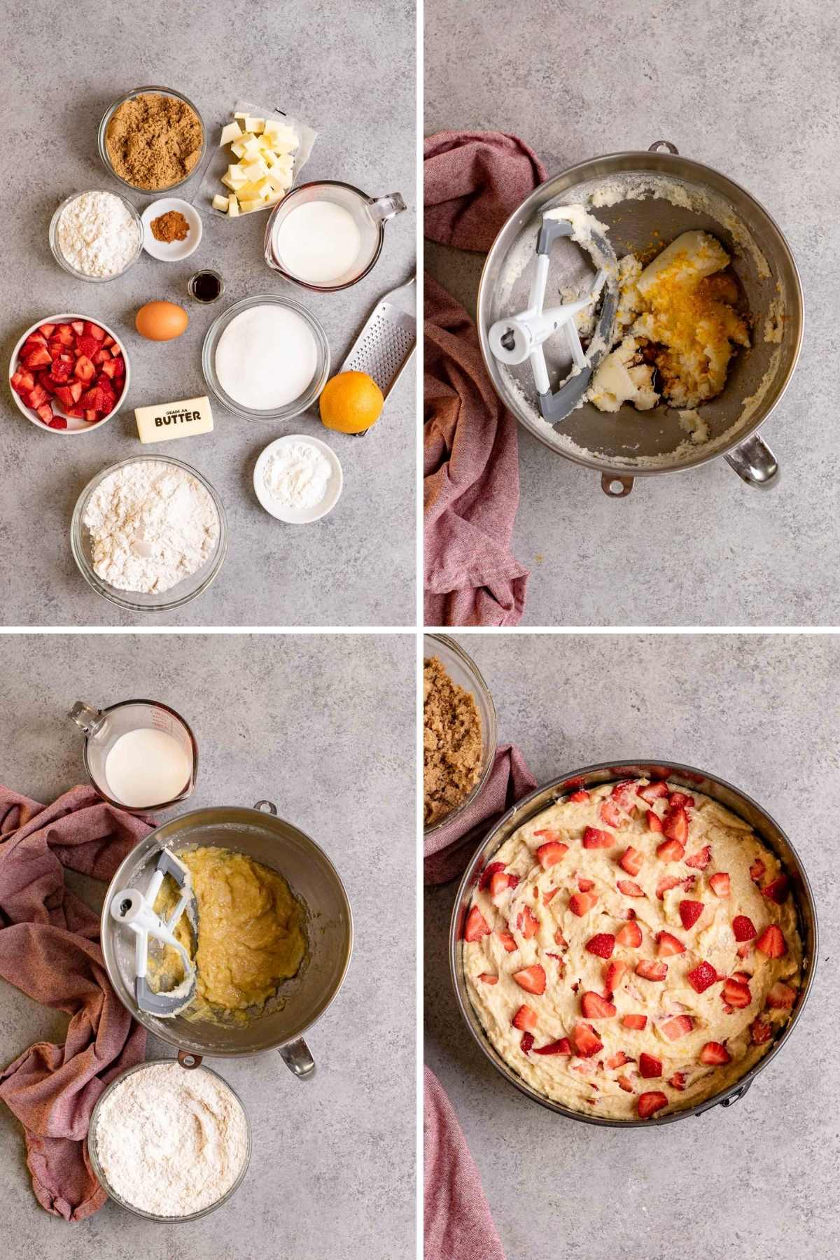 Collage of prep steps for Strawberry Coffee Cake