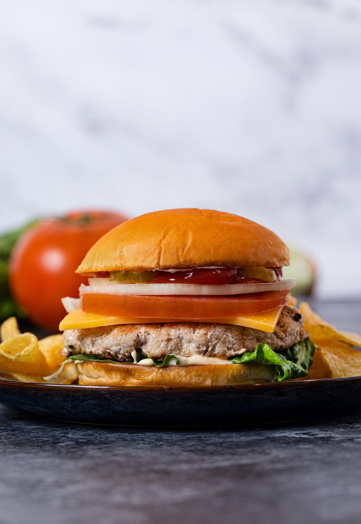 Turkey Burger on plate with chips