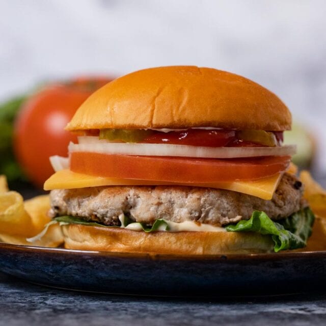 Turkey Burger on plate with chips
