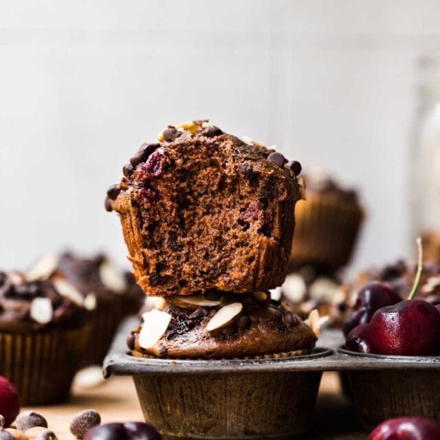 Almond Cherry Chocolate Muffins in muffin pan close up